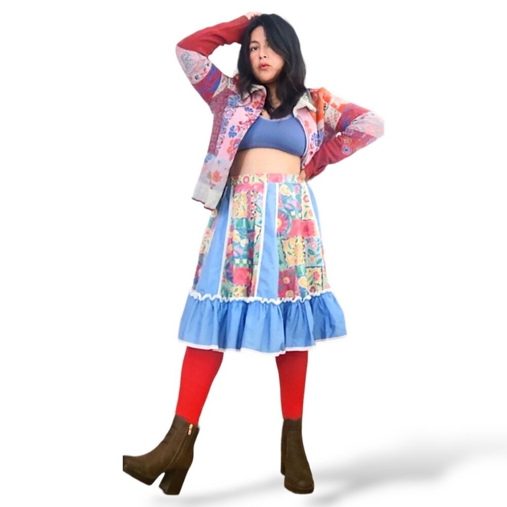Malco Modes vintage 70's high-waisted paneled tiered floral gypsy circular skirt